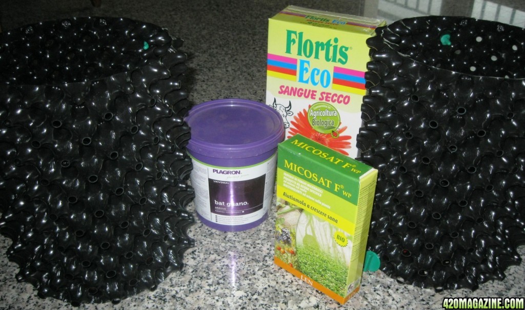 Bat guano, bloodmeal, mycorrhizae, air-pots