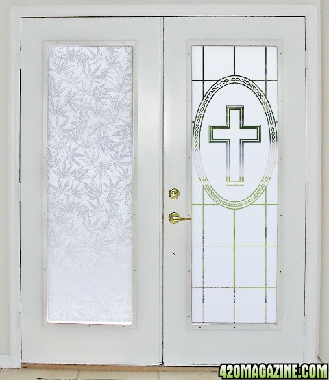 French doors with Cannabis Leaf & Faith etched glass decor