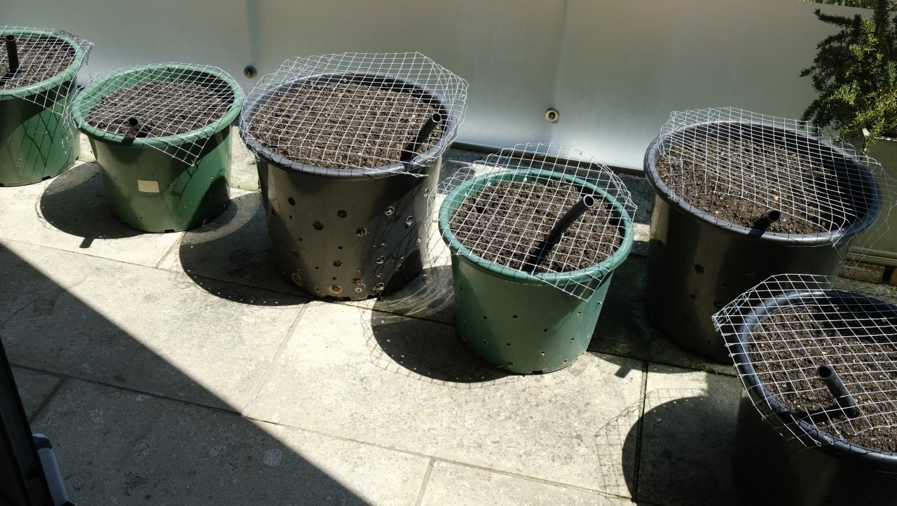 Pots with their 'root aeration chambers' ready for planting