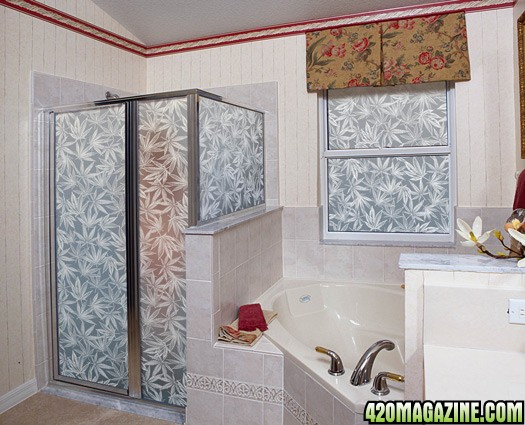 shower enclosure with Cannabis Leaf decor